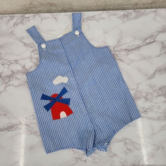 Neiman Marcus Betti Terrell Vintage Blue Striped Baby Romper Windmill Design - Picture 8 of 13